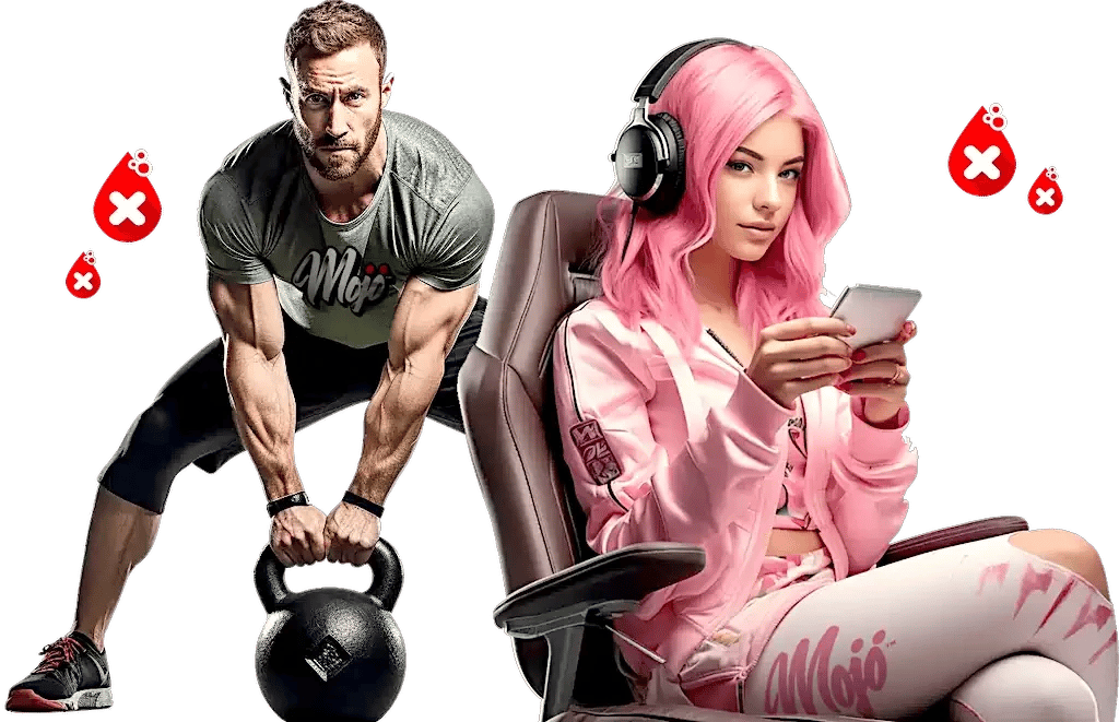 Lelaki mengangkat kettlebell di sebelah gadis gamer dalam tracksuit Mojo