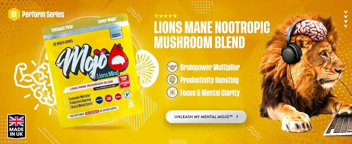 Mojo Lions Mind — campuran cendawan nootropik surai singa: pendarab kuasa otak, peningkat produktiviti, fokus dan kejelasan mental. Bebaskan Mojo mental saya.